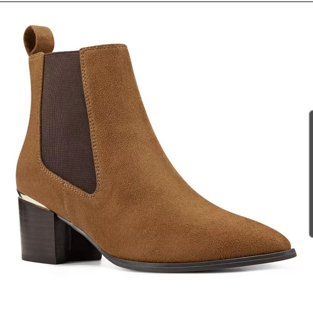 Nine West NWT Womens 10W Brown Faux Suede Chelsea Pull On Block Heel Ankle Boots